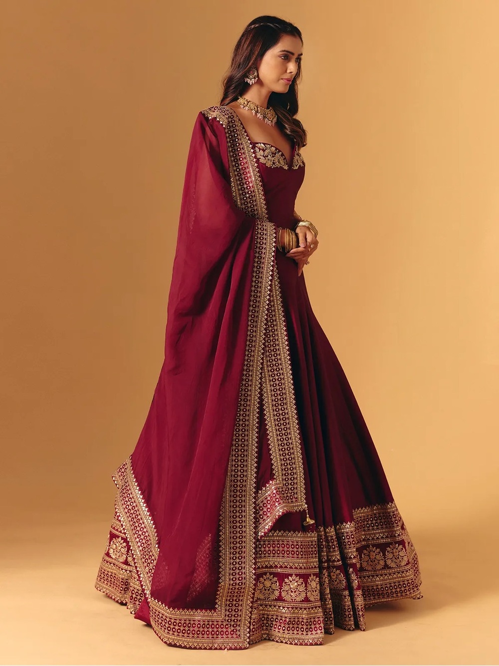 Maroon silk lehenga choli, corset blouse - Picture 6 of 8